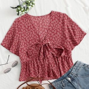 Boho Red Floral print front tie babydoll crop top